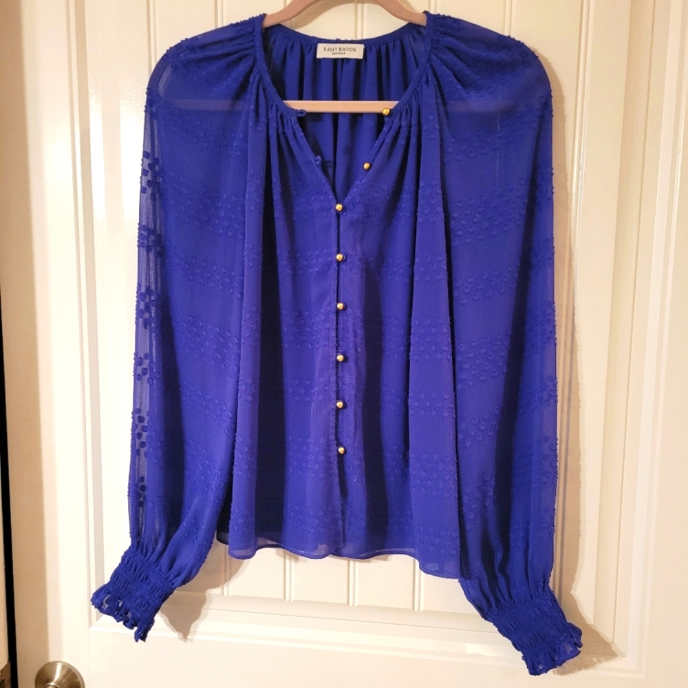 Ramy Brook Blue Purple Semi  Sheer Blouse LKN Sz 10 Medium